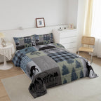 Hunting Deer Bear Comforter Sets Queen Size,Rustic Farmhouse Bedding 3Pcs Kids Teens Men Cabin Home Decor Decor,Grey Plaid Patchwork Print Quilt Set Wild Animals Plants Duvet Insert,2 Pillowcases