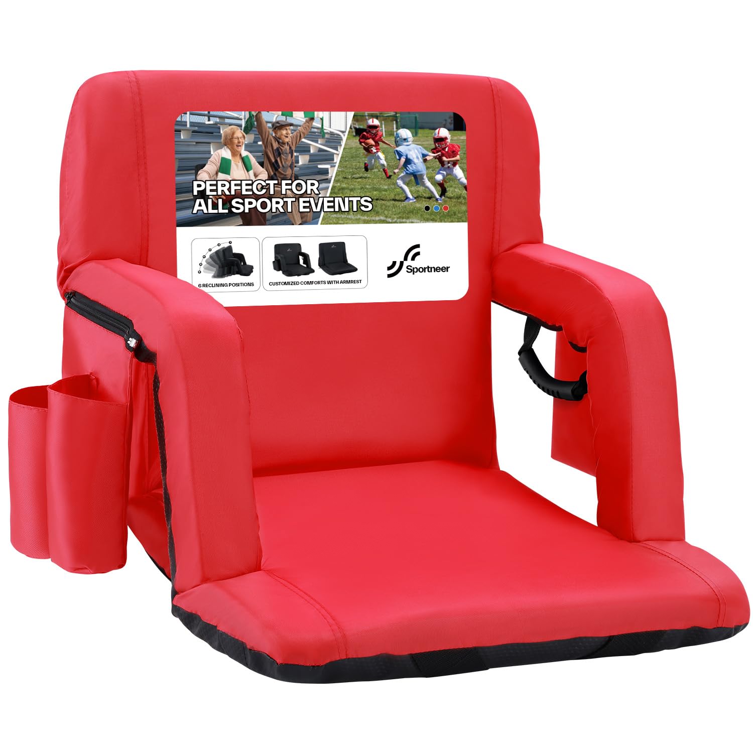 Sportneer Stadium Seats with Back Support: 2.5 Thick Comfy Cushion 6 Adjustable Angle Bleacher Seat with Armrest - 2 Large Poc