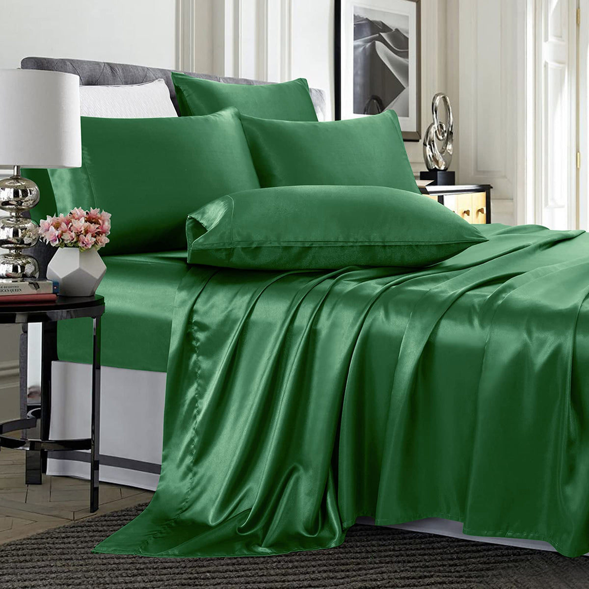 Treely 6 Piece Satin Sheets Queen Size Silky Smooth Blackish Green Satin Sheet Set With Deep Pocket, Satin Fitted Sheet, Flat Sh