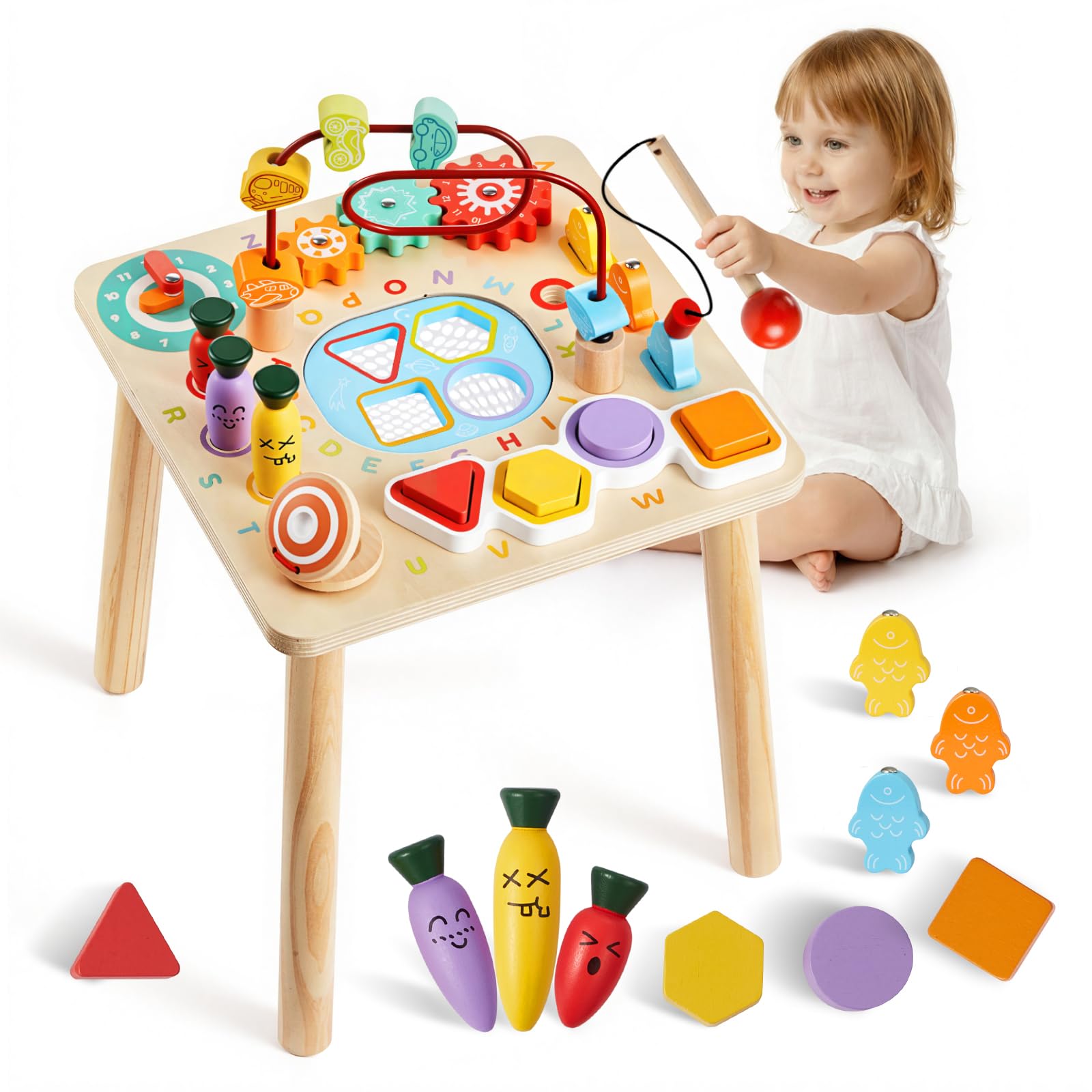 VEVOR Montessori Activity Table for Toddler 1-3 Years Old, 8 in 1 Wooden Learn Activity Desk, Baby Play Table for Boys & Girls A