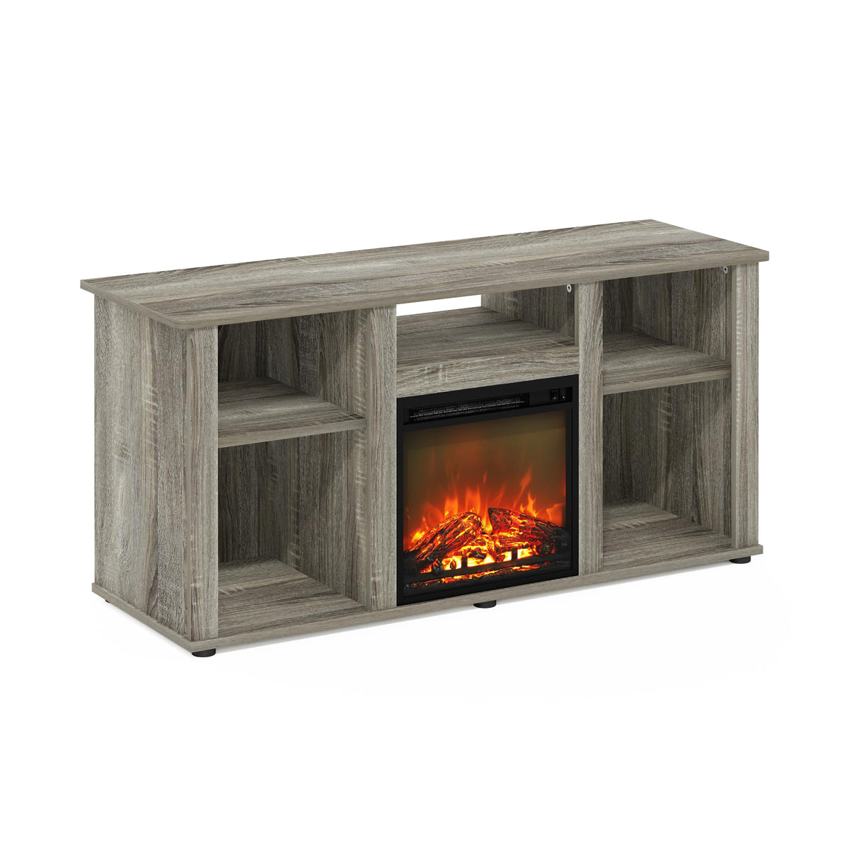 Furinno Jensen Fireplace Tv Entertainment Center With Open Storage Compartment For Tv Up To 55 Inch, French Oak Grey