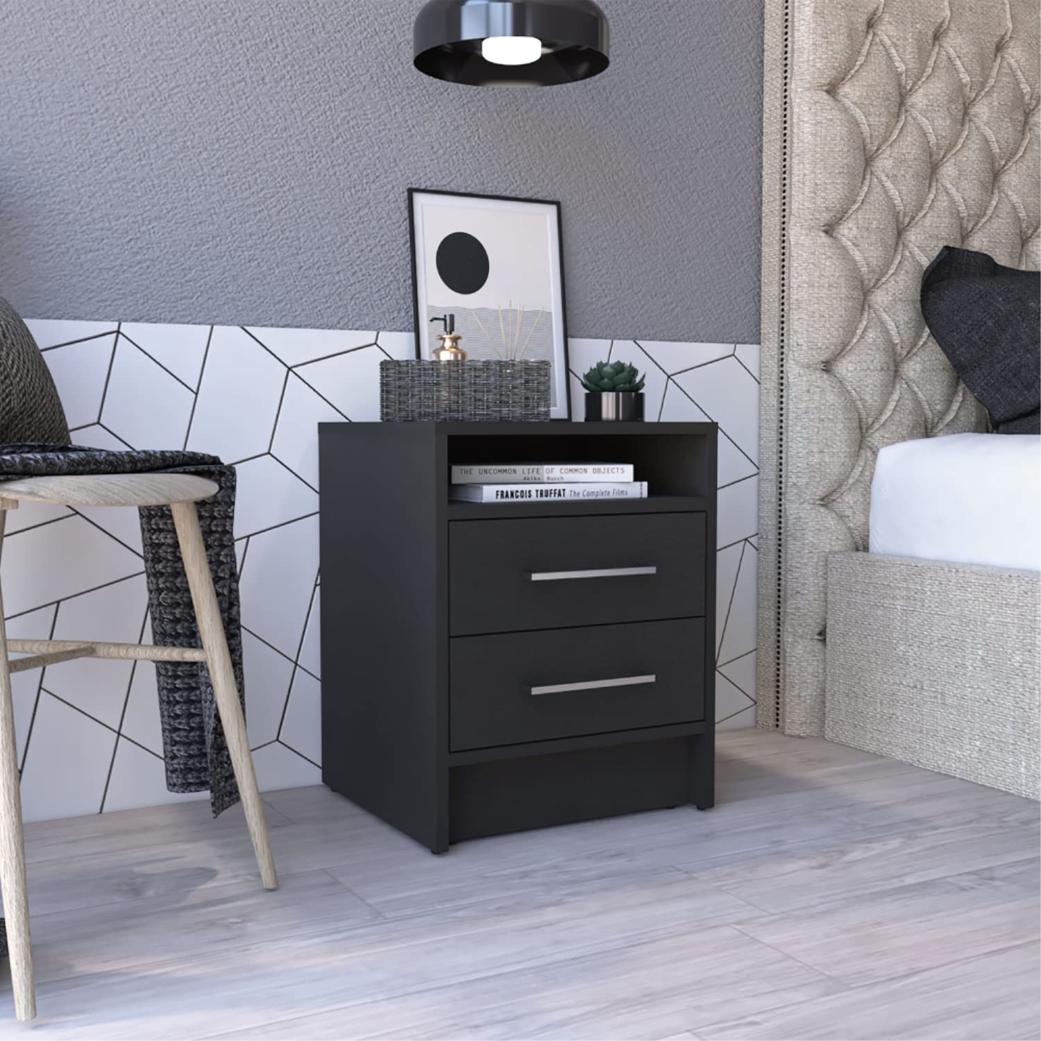 Nightstand 20" H, 2 Drawers, Superior Top, Metal Handles, Black