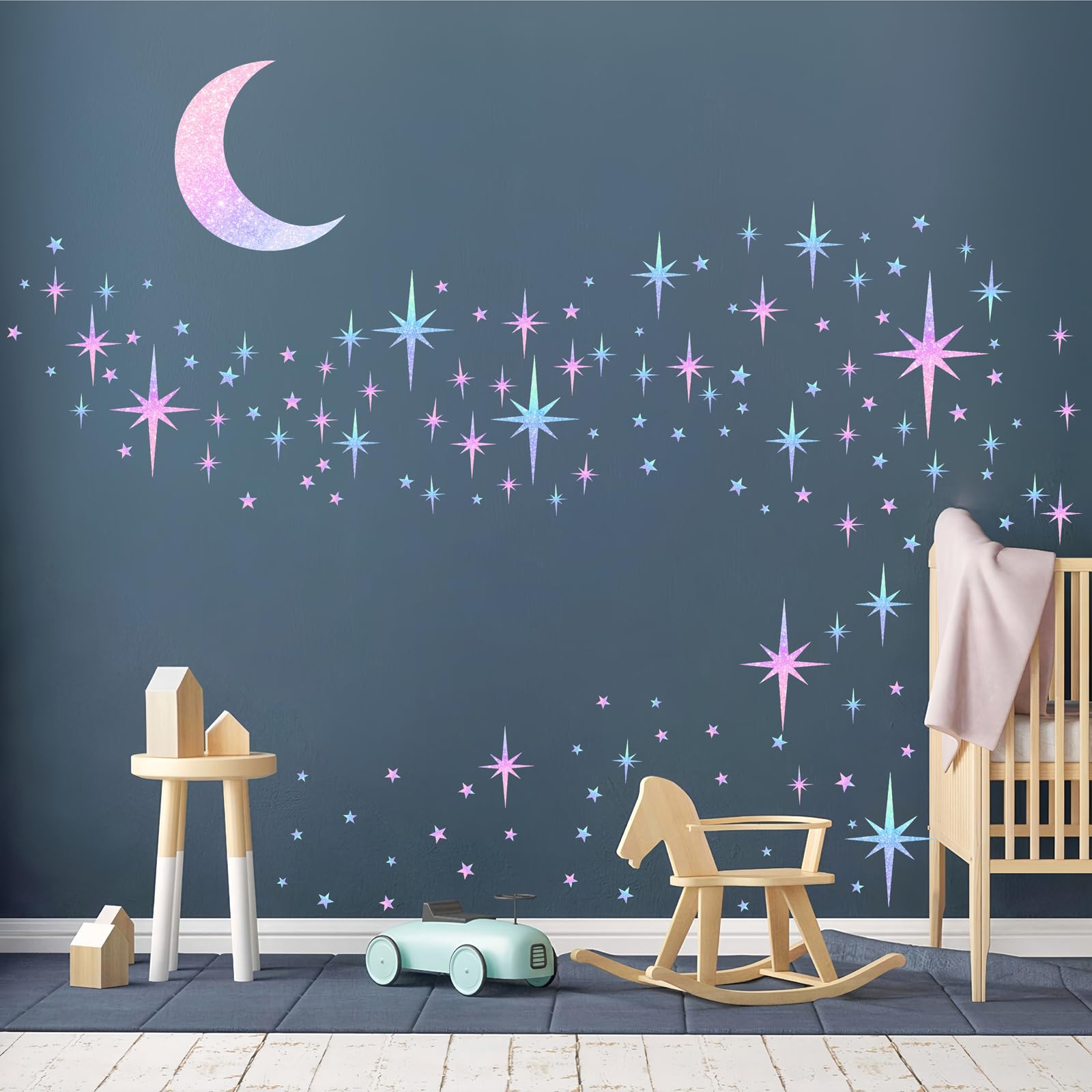 Retro Star Wall Decals Sparkle Wall Decals Peel and Stick Rainbow Star Moon Wall Stickers Starburst Wall Decor for Kids Room Col