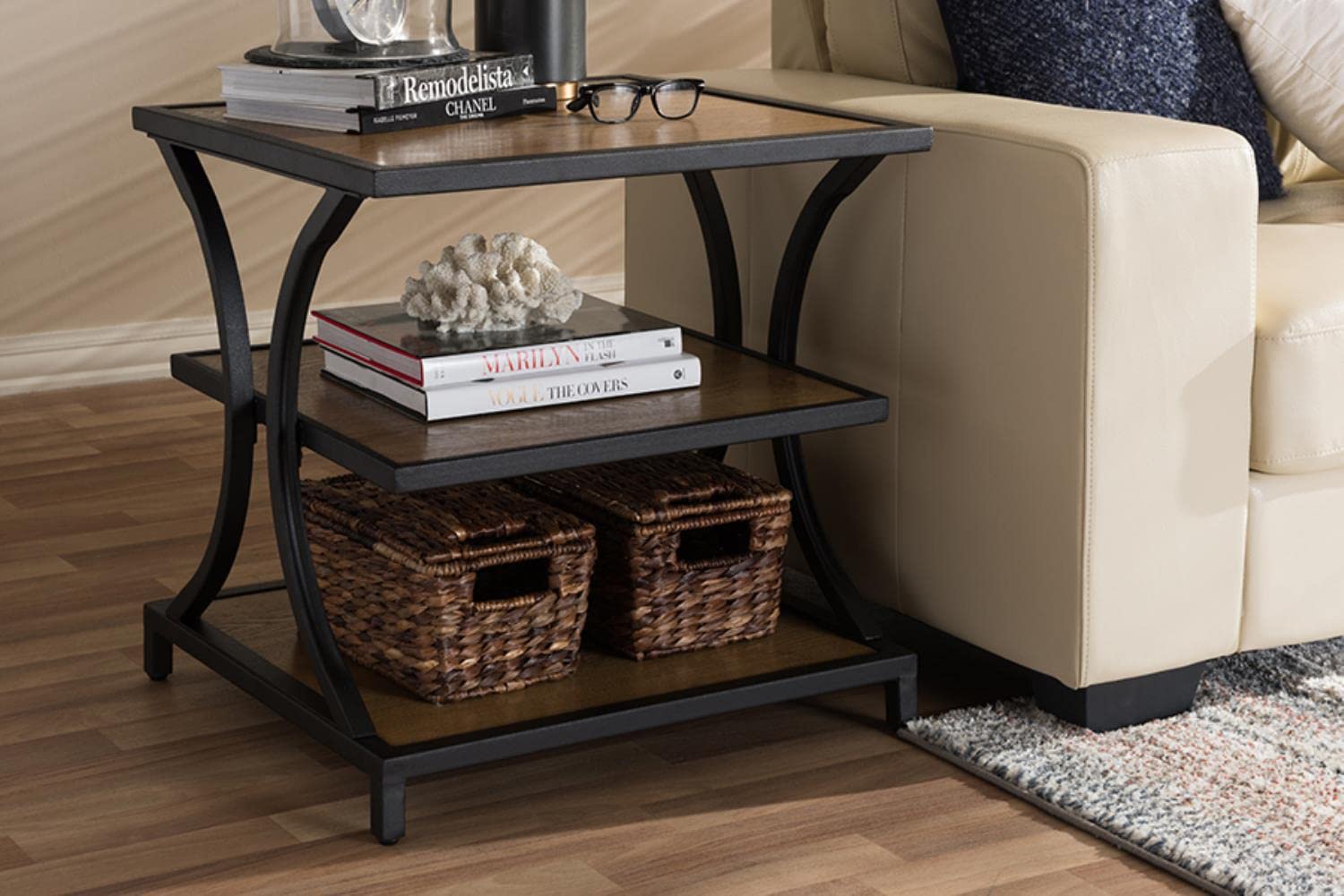 Baxton Studio Lancashire Rustic Industrial Style Oak Brown Finished Wood and Black Finished Metal End Table Brown//Medium Wood/Rustic Industrial/MDF/Metal