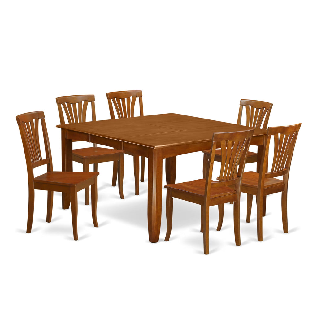 East West Furniture PFAV7-SBR-W 7 Piece Dining Table Set Consist of a Square Dining Room Table with Butterfly Leaf and 6 Wooden Seat Chairs, 54x54 Inch, Saddle Brown