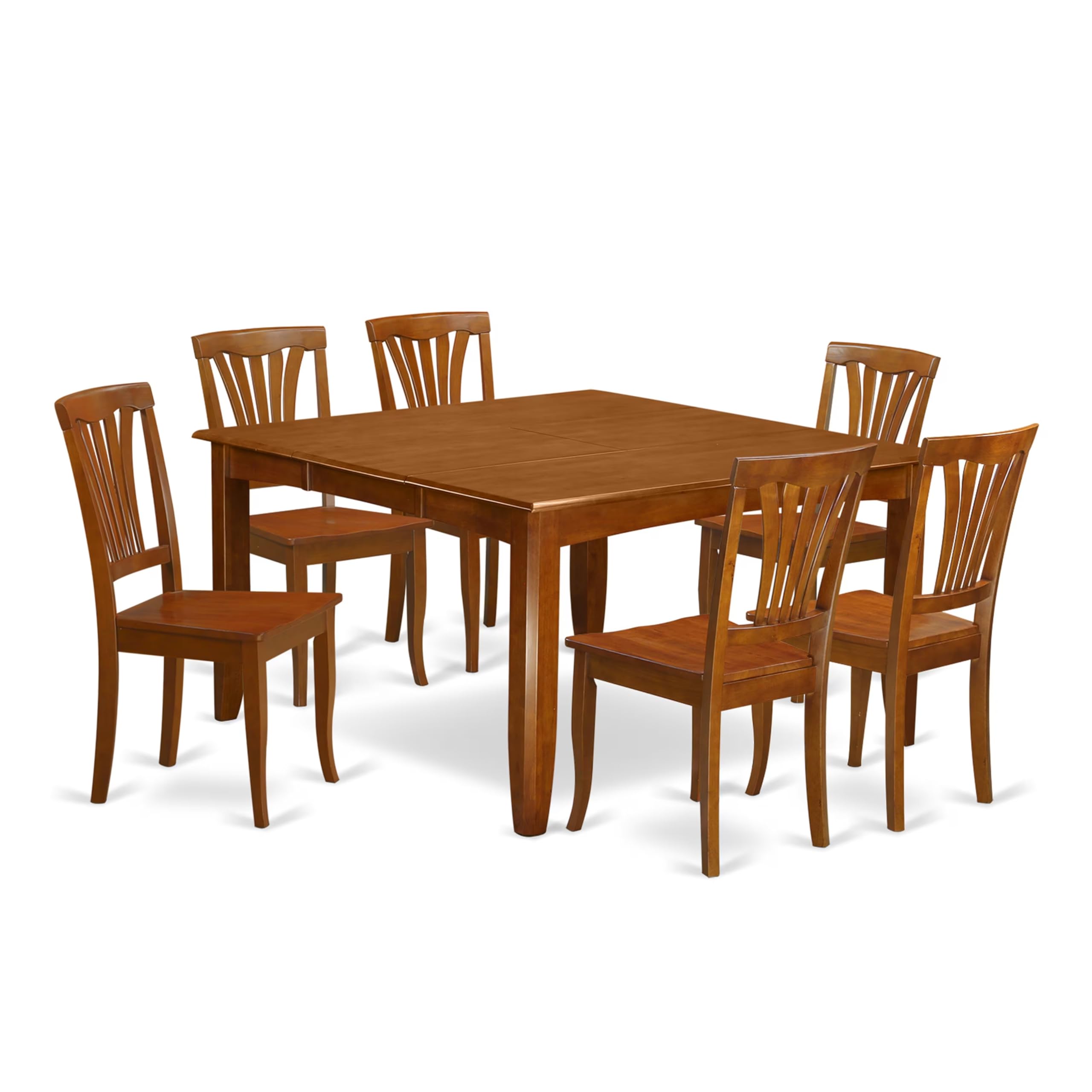 East West Furniture PFAV7-SBR-W 7 Piece Dining Table Set Consist of a Square Dining Room Table with Butterfly Leaf and 6 Wooden Seat Chairs, 54x54 Inch, Saddle Brown