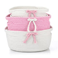 Gyctgav 3 Pcs Bow Storage Baskets Woven Cotton Rope Laundry Hamper with Handles, Pink and White Set for Home Decor Organization,
