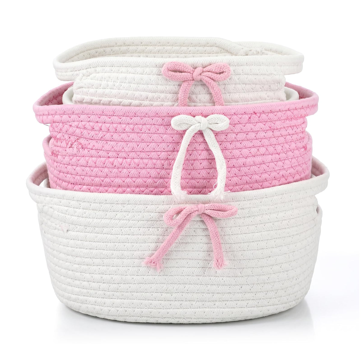Gyctgav 3 Pcs Bow Storage Baskets Woven Cotton Rope Laundry Hamper with Handles, Pink and White Set for Home Decor Organization,