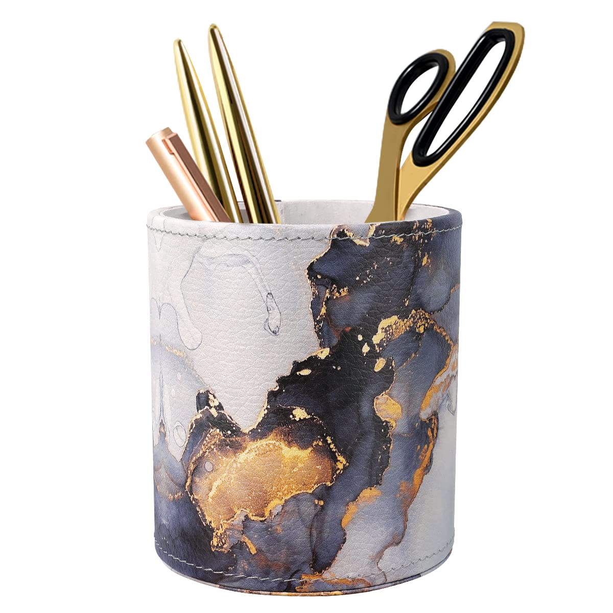 Waveyu Marble Pen Holder For Desk, Pencil Organizer Office Decor, Makeup Brush Holder Large Pu Leather Multi-Functional Organize