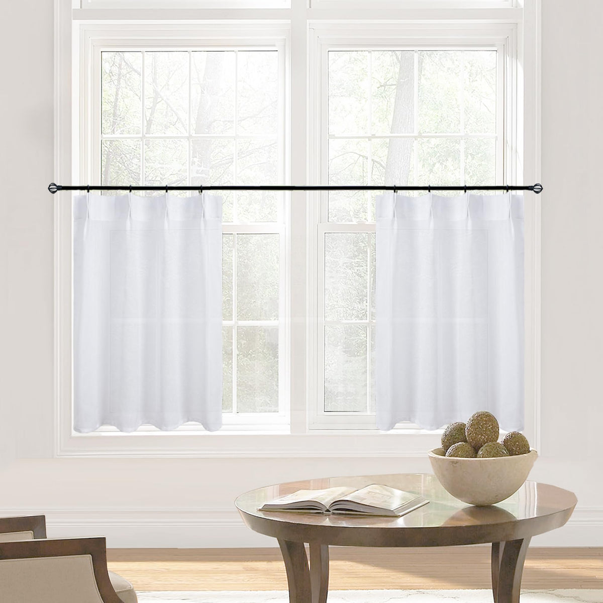 White Cafe Sheer Curtains 36 Inch Length For Kitchen Window,Back Tab Pinch Pleated Short Linen Curtains For Small Bedroom Window