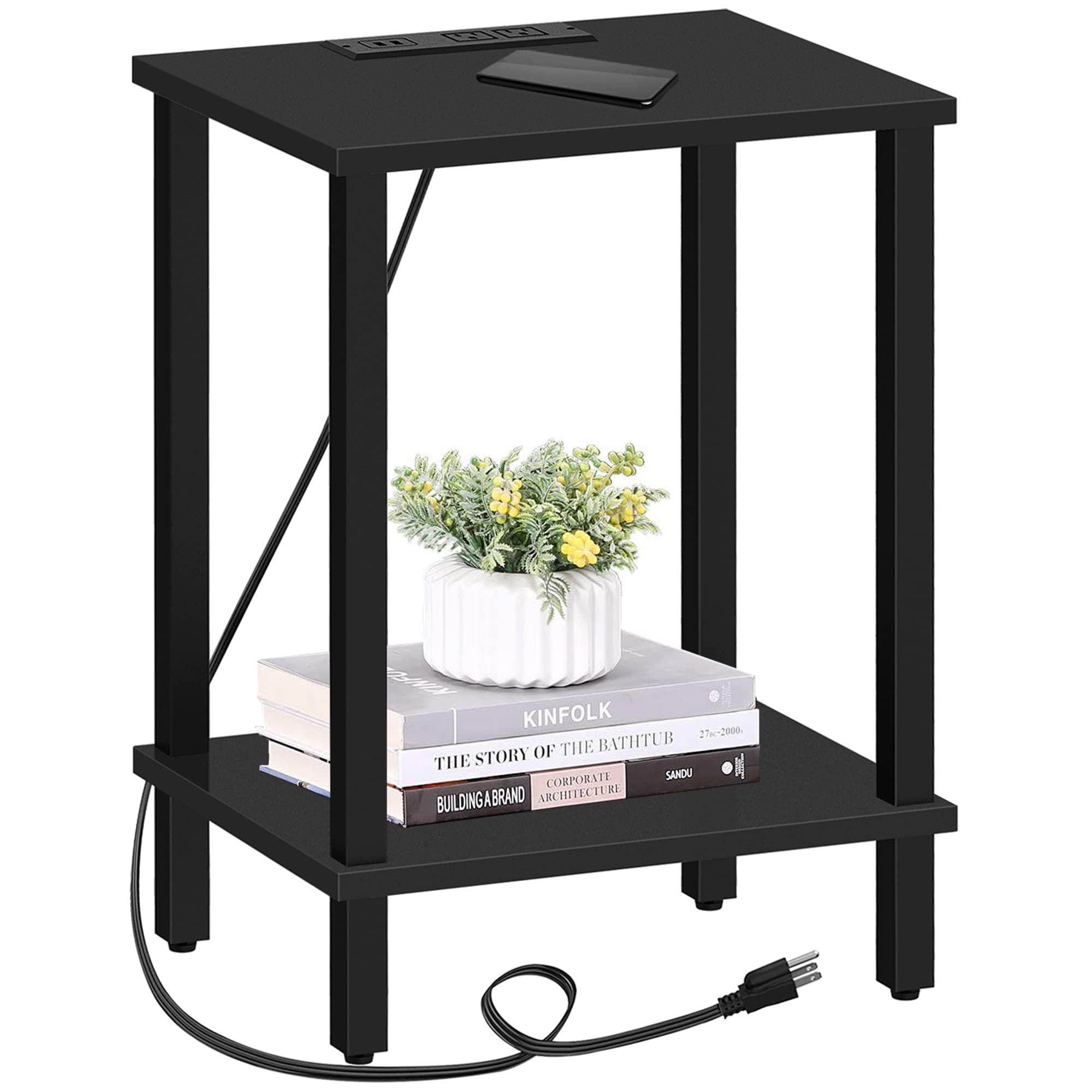 Tutotak End Table With Charging Station, Side Table With Usb Ports And Outlets, Nightstand, 2-Tier Storage Shelf, Sofa Table For Small Space Tb01Bk040