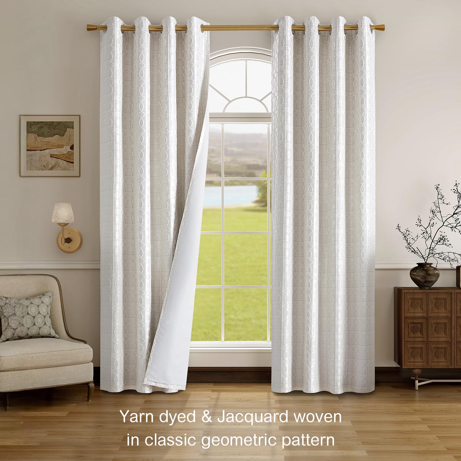 Cream And Silvery 100% Blackout Curtains 84 Inch Length 2 Panels, Jacquard Thermal Insulated Noise Reducing Grommet Drapes For B