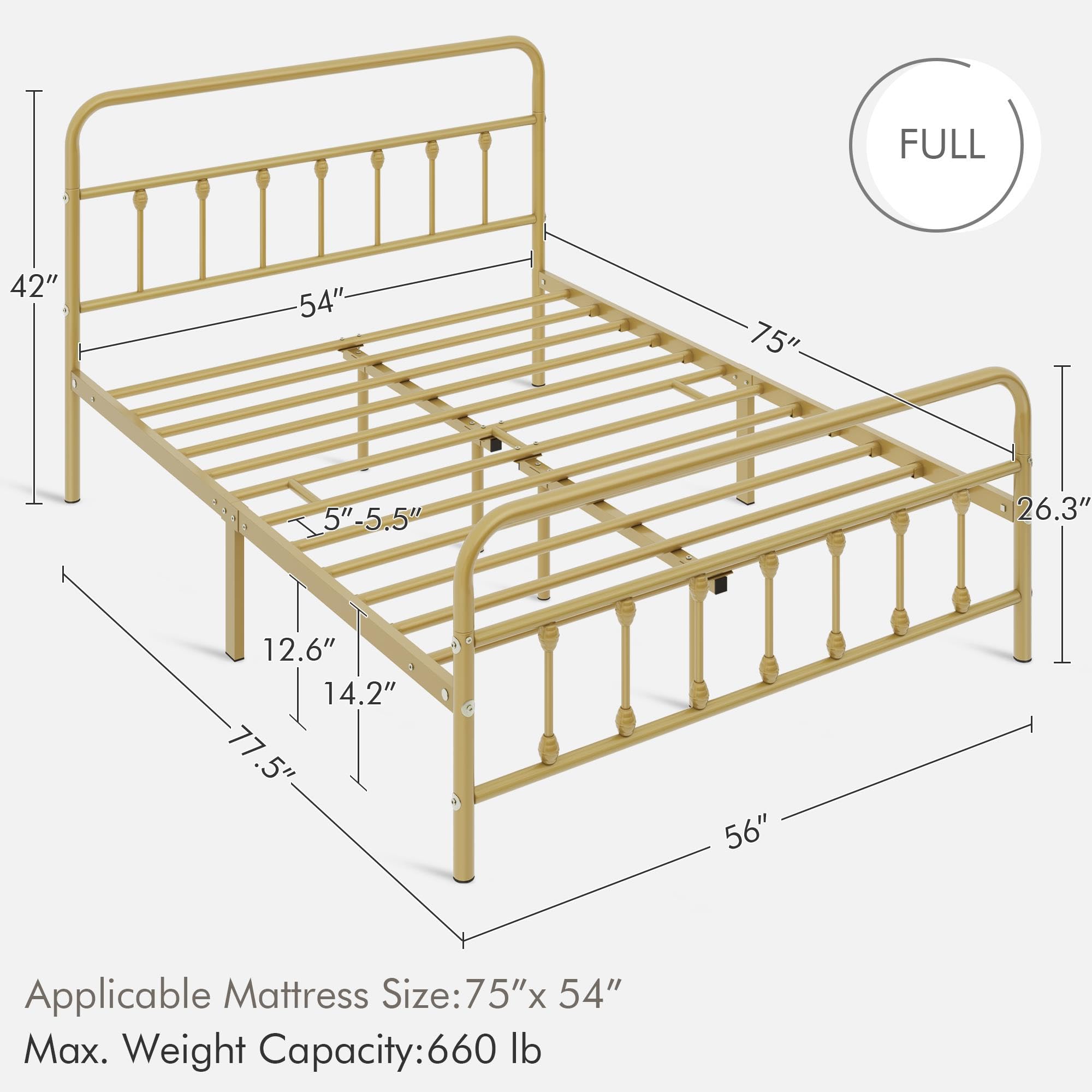 Yaheetech Classic Metal Platform Bed Frame Mattress Foundation With Victorian Style Iron-Art Headboard/Footboard/Under Bed Storage No Box Spring Needed Full Size Antique Gold