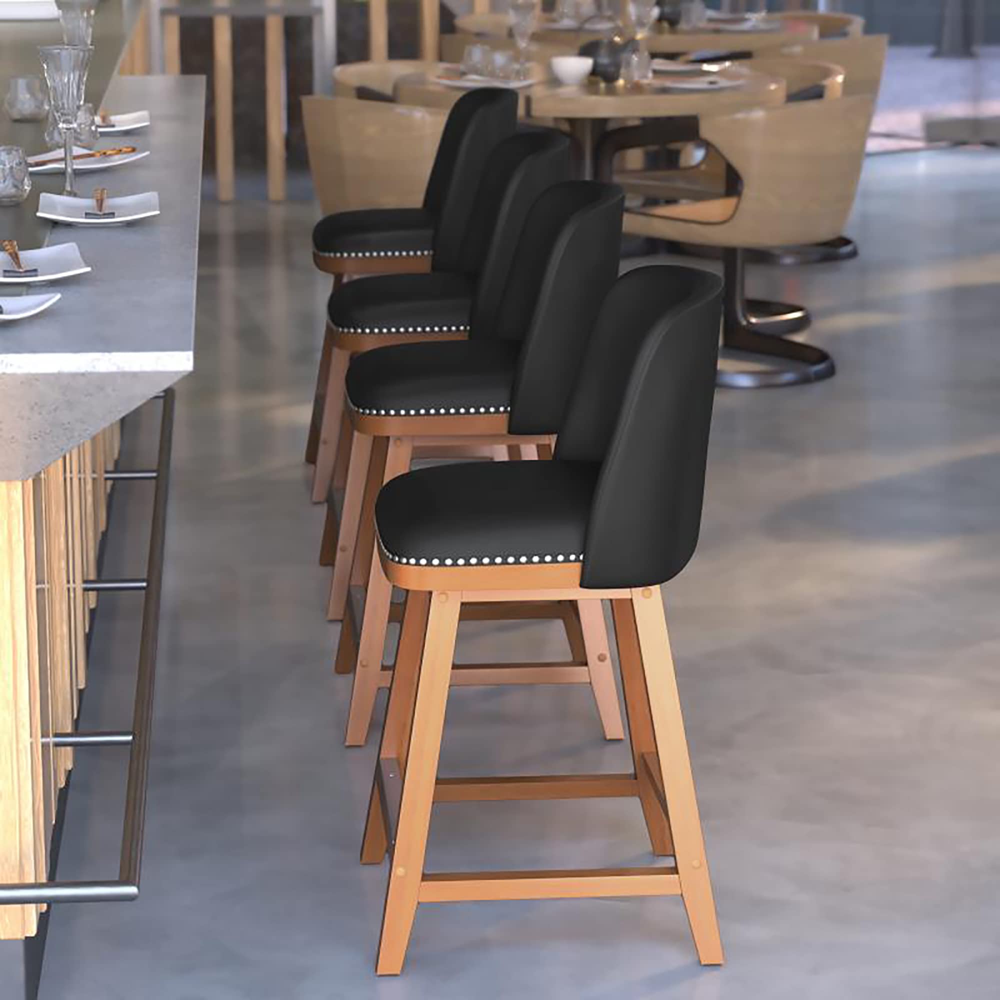 Flash Furniture Julia Set of 2 Transitional Counter Stools - Black LeatherSoft Upholstery - Silver Nailhead Trim - 24 Inch - Walnut Finish Wood Frames