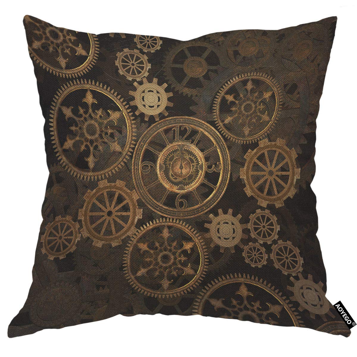 Aoyego Steam Punk Gears Throw Pillow Cover Golden Technology Science Wheels Mechanical Circle Vintage Pillow Case 18X18 Inch Dec