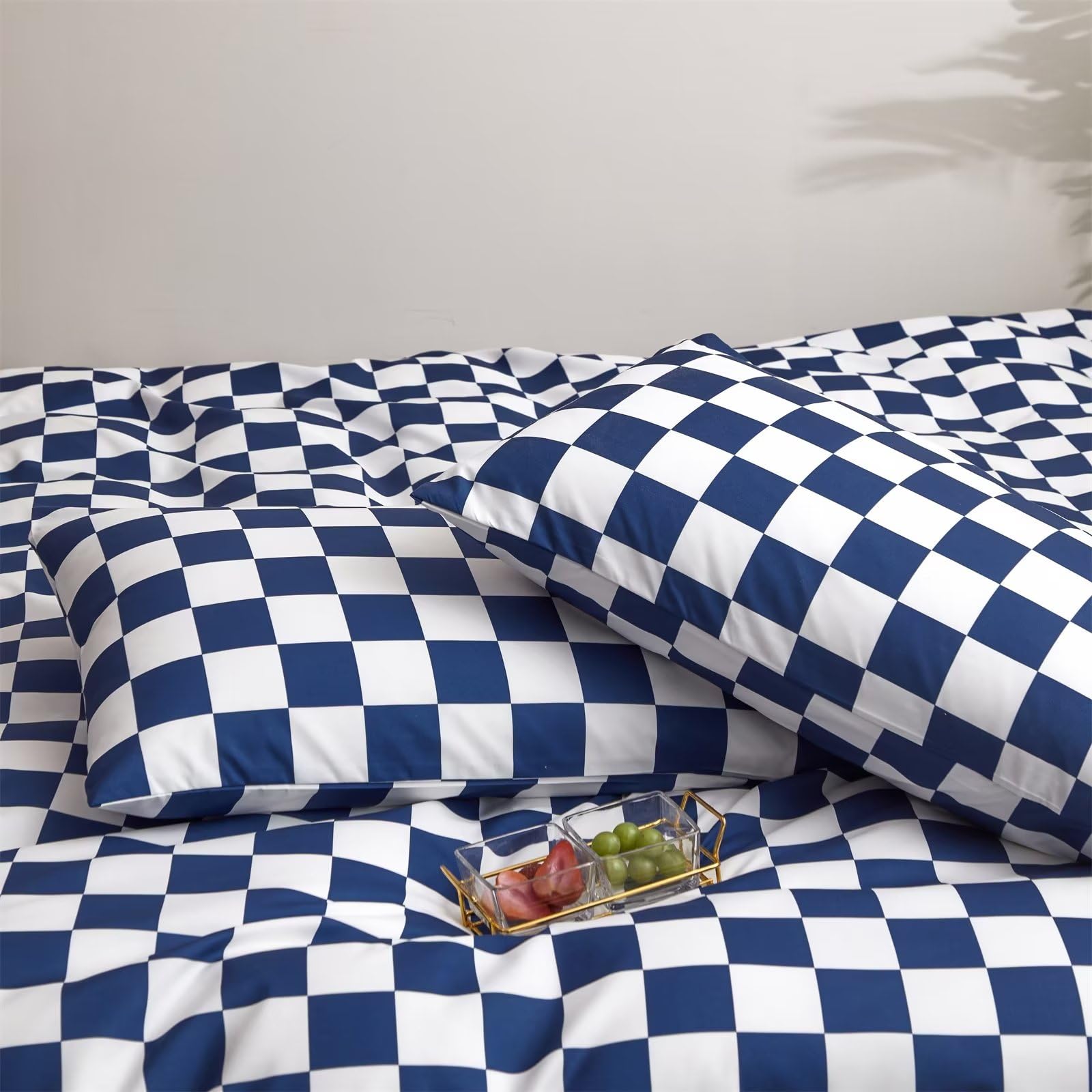 Houseri Royal Blue White Plaid Comforter Set Twin Size Boys Girls Bright Blue Grid Bedding Comforters Kids Deep Ocean Blue Check