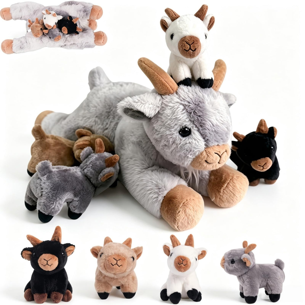 Youthfuljive 5 Pcs Goat Stuffed Animal with Babies, 14 Mommy Stuffed Goat Plush Toy with 4 Baby Goat Stuffed Animal Soft Pregna