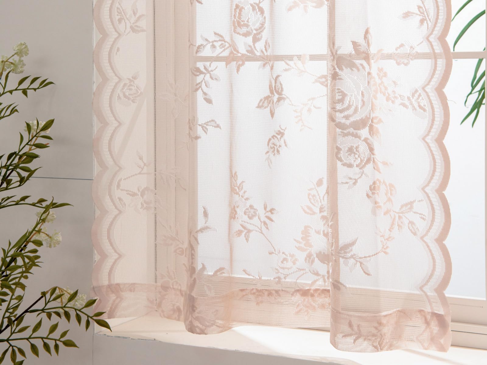 Seekright Blush Pink Kitchen Curtains 30 Inch Length Rod Pocket Light Filtering Sheer Lace Cafe Curtains 2 Panels Set Modern Flo