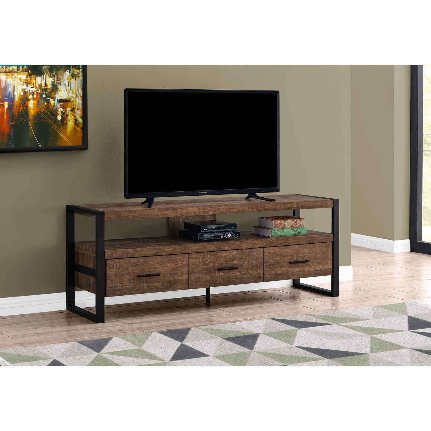 Monarch Specialties TV Stand-Console with 3 Drawers and Shelves-Industrial Modern Style Entertainment Center with Metal Legs, 60' L, Brown Reclaimed Wood Look