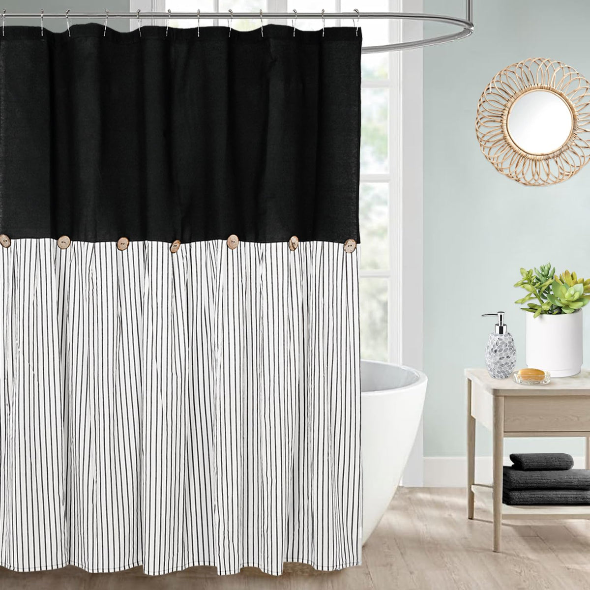 Dosly Id   Es Farmhouse Black Shower Curtain,Beige And Black Stripe,Button Curtain,Linen And Cotton Woven Fabric,Rustic Charm Co