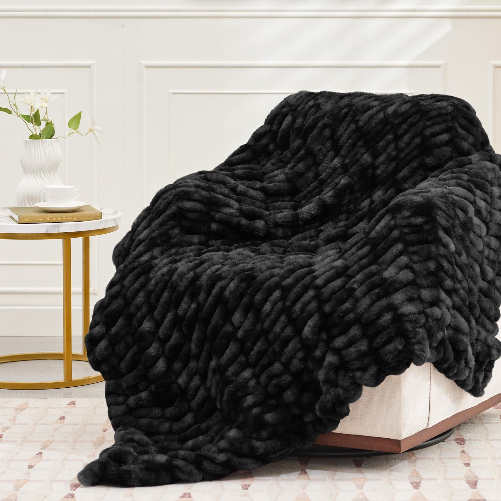 Vfroo Ultra Soft Luxury Faux Fur Throw Blanket For Counch,Fuzzy Fluffy Plush Warm Cozy Elegant Wrinkled Blanket For Sofa Bedroom