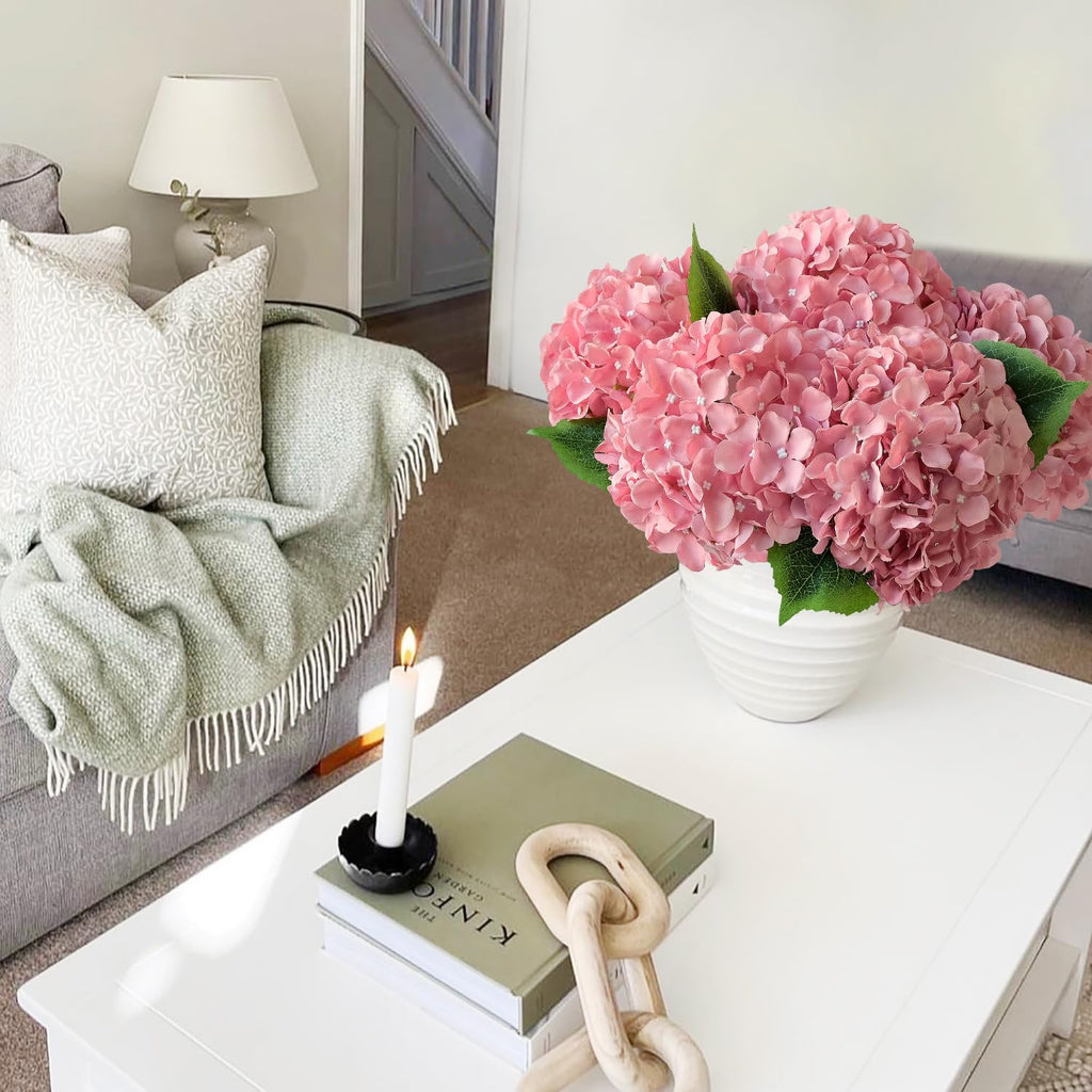 Jinwoe 5Pcs 20Inch Large Pink Silk Hydrangea, Cameo Brown Lifelike Artificial Flower Heads With Stems Fake Hydrangeas Flowers Fo