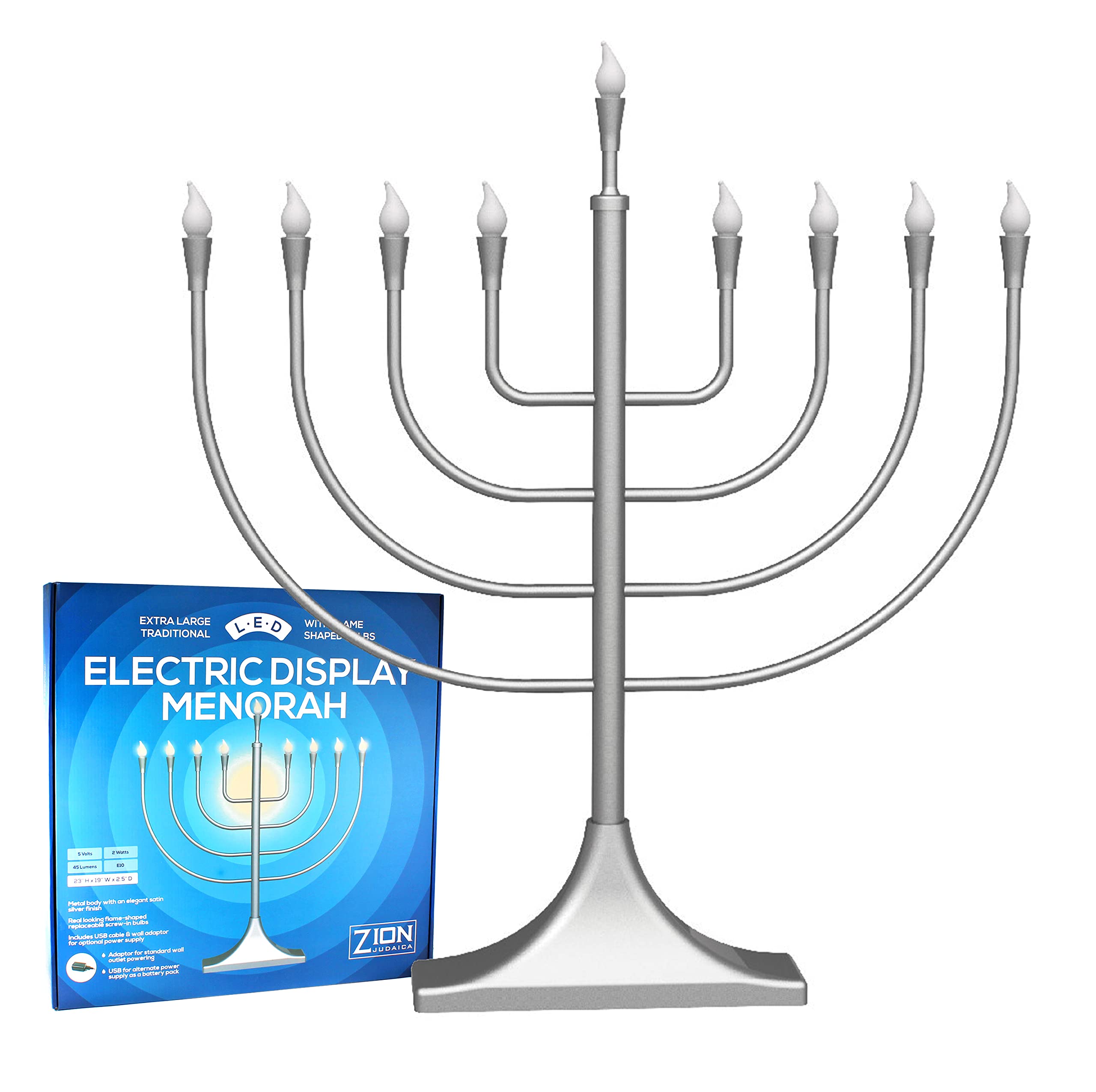 Extra Large Display Electric Menorah Satin Silver 23 Tall - with Flame Shaped Bulbs Traditional U-Shape USB Electronic Hanukkah 