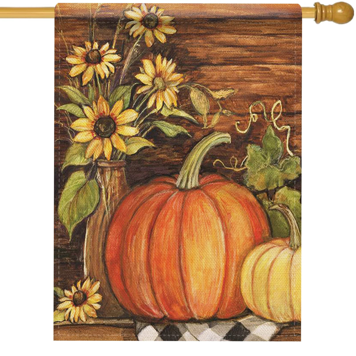Hzppyz Fall Pumpkin Sunflowers Home Decorative House Flag, Autumn Garden Yard Outside Buffalo Plaid Check Decor Flag, Thanksgivi