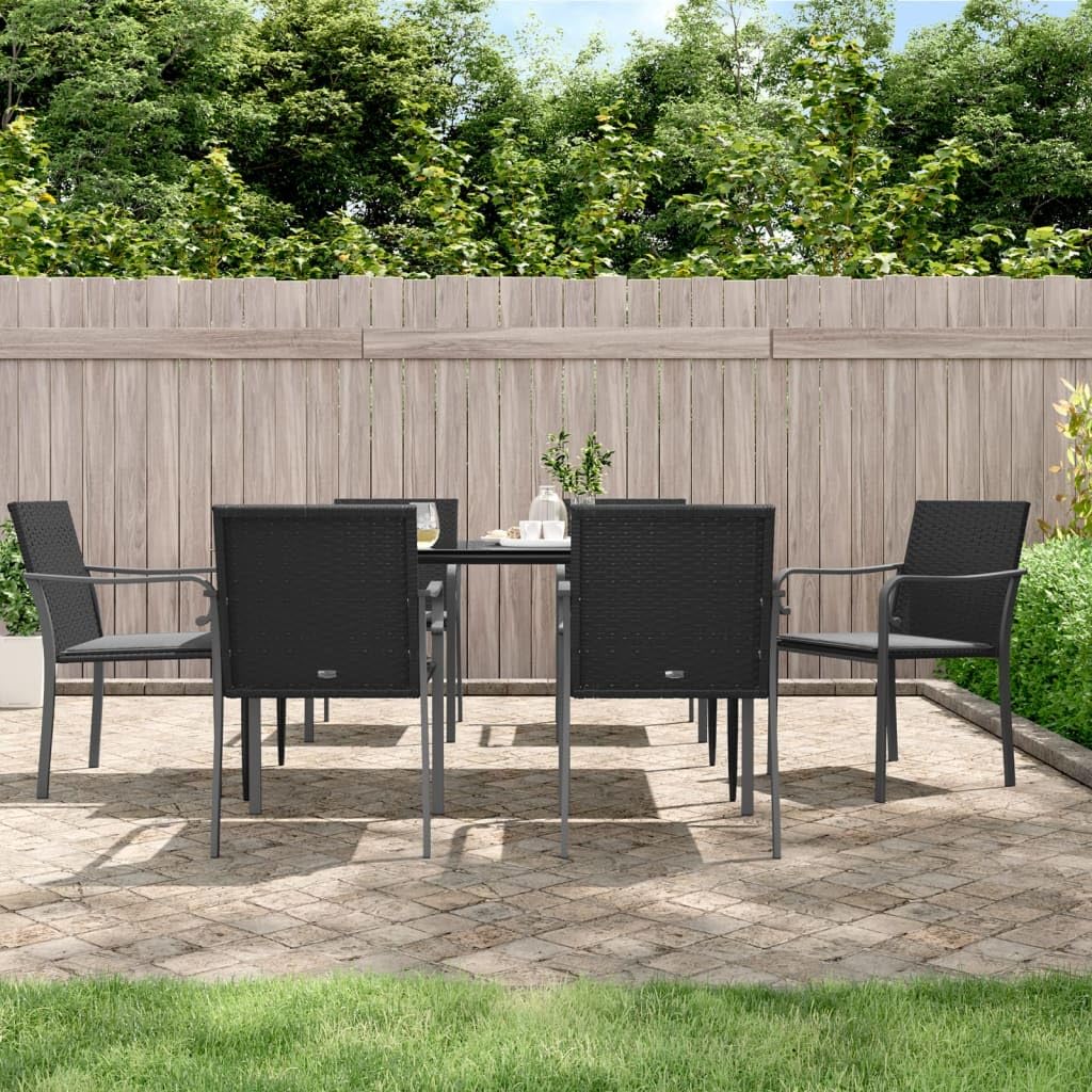 vidaXL 5 Piece Patio Dining Set - Black, Comfortable Armrest Chairs with Steel Frame, Weather-Resistant PE Rattan, Tempered Glass Tabletop, Dark Gray Fabric Cushions
