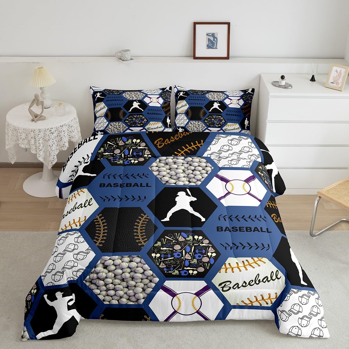 Erosebridal Baseball Bed Set For Boys,Baseball Player Comforter For Kids,Geometric Honeycomb Bedding Set Twin Size,Sports Ball G