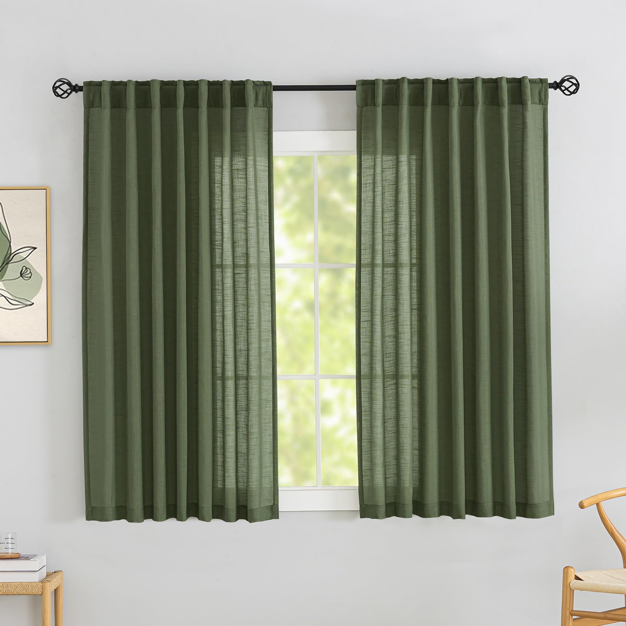 Olive Green Linen Back Tab Curtains 72 Inches Long 2 Panels Set For Guest Room - Modern Country Rod Pocket Semi Sheer Privacy Drapes Hooks Belt Pleated Light Filtering Playroom Curtains