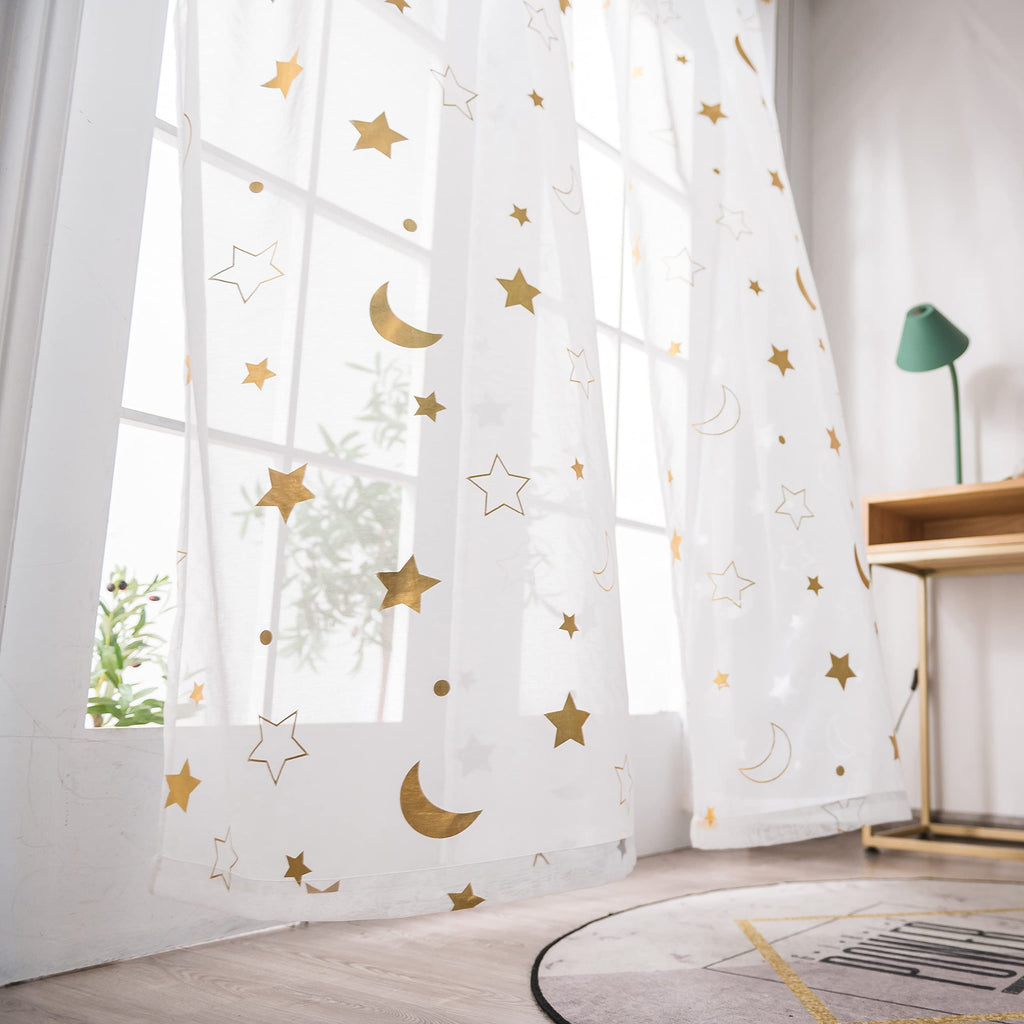 Cute Star Moon Sheer Curtains 84 Inch Length For Boys Girls Bedroom - Rod Pocket Light Filtering Starry Night Theme Gold Foil Pr