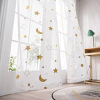 Cute Star Moon Sheer Curtains 84 Inch Length For Boys Girls Bedroom - Rod Pocket Light Filtering Starry Night Theme Gold Foil Pr