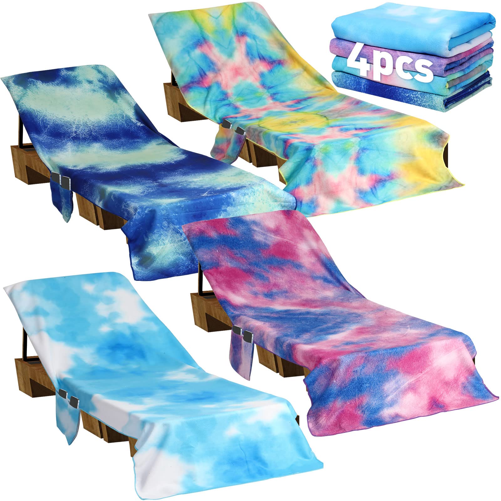 Oudain 4 Pcs Lounge Chair Towel Cover Beach Chair Cover With Side Pockets 82.3 X 29.5 Inch Pool Lounge Chair Cover Tie Dye Microfiber Chaise Lounge Cover For Sun Lounger Pool Sunbathing Outdoor Patio