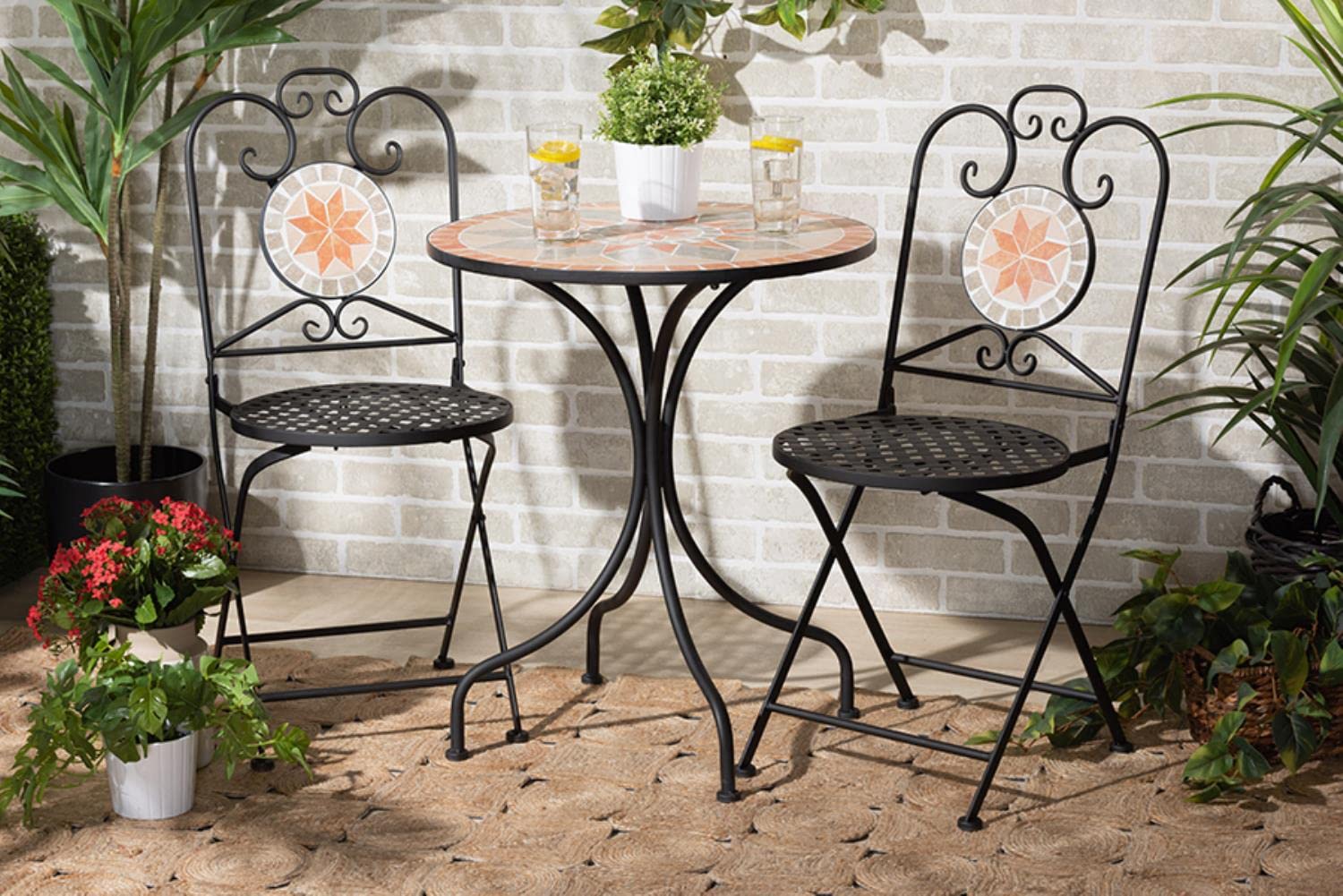 Baxton Studio Santina Modern Colored Ceramic and Metal 3pc Outdoor Dining Sets
