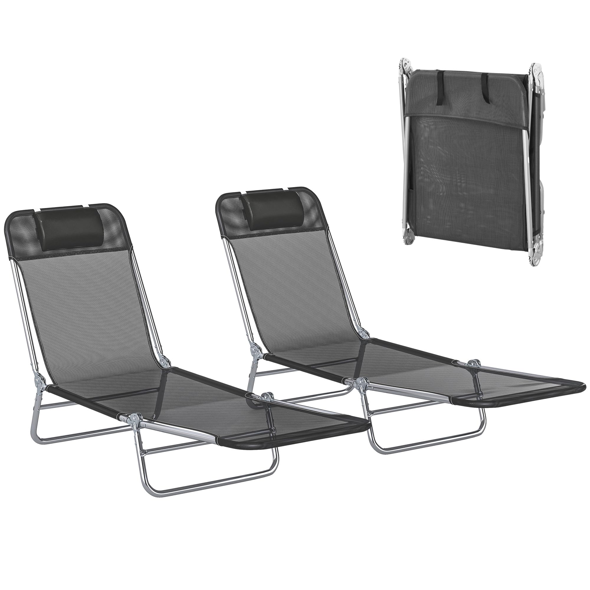 Outsunny 2 Piece Folding Chaise Lounge Chairs, Pool Sun Tanning Chairs with Reclining Back, Breathable Mesh Seat, Headrest for B