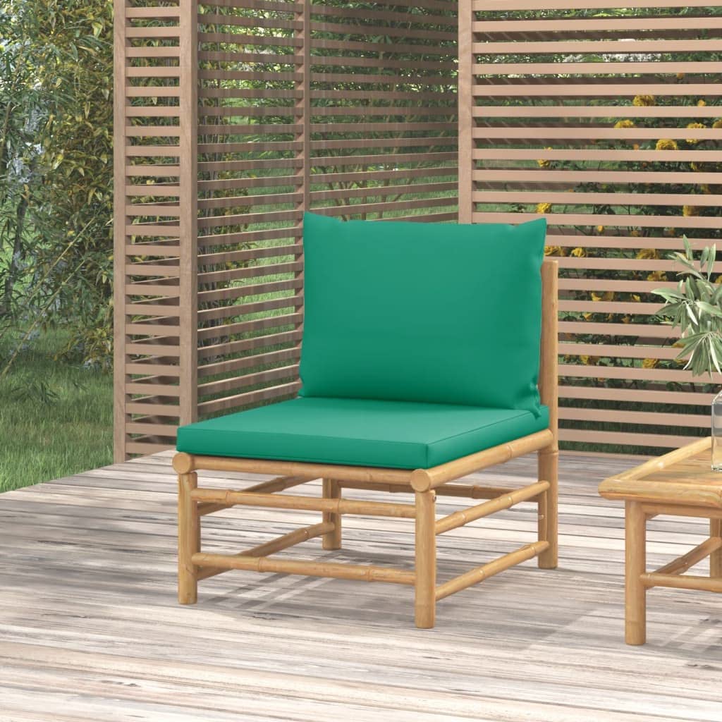 vidaXL Patio Middle Sofa - Bamboo Outdoor Furniture with Green Polyester Cushions, Modular Design, Supportive Backrest, Ideal for Creating Personalised Lounge Sets