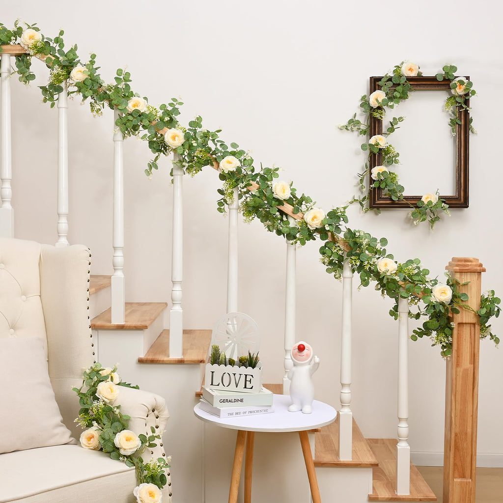 Dolicer 4Pcs 26Ft Artificial Eucalyptus Garlands With Flowers - 8 Camellias, Faux Floral Greenery Garlands Fake Flowers Vines Fo