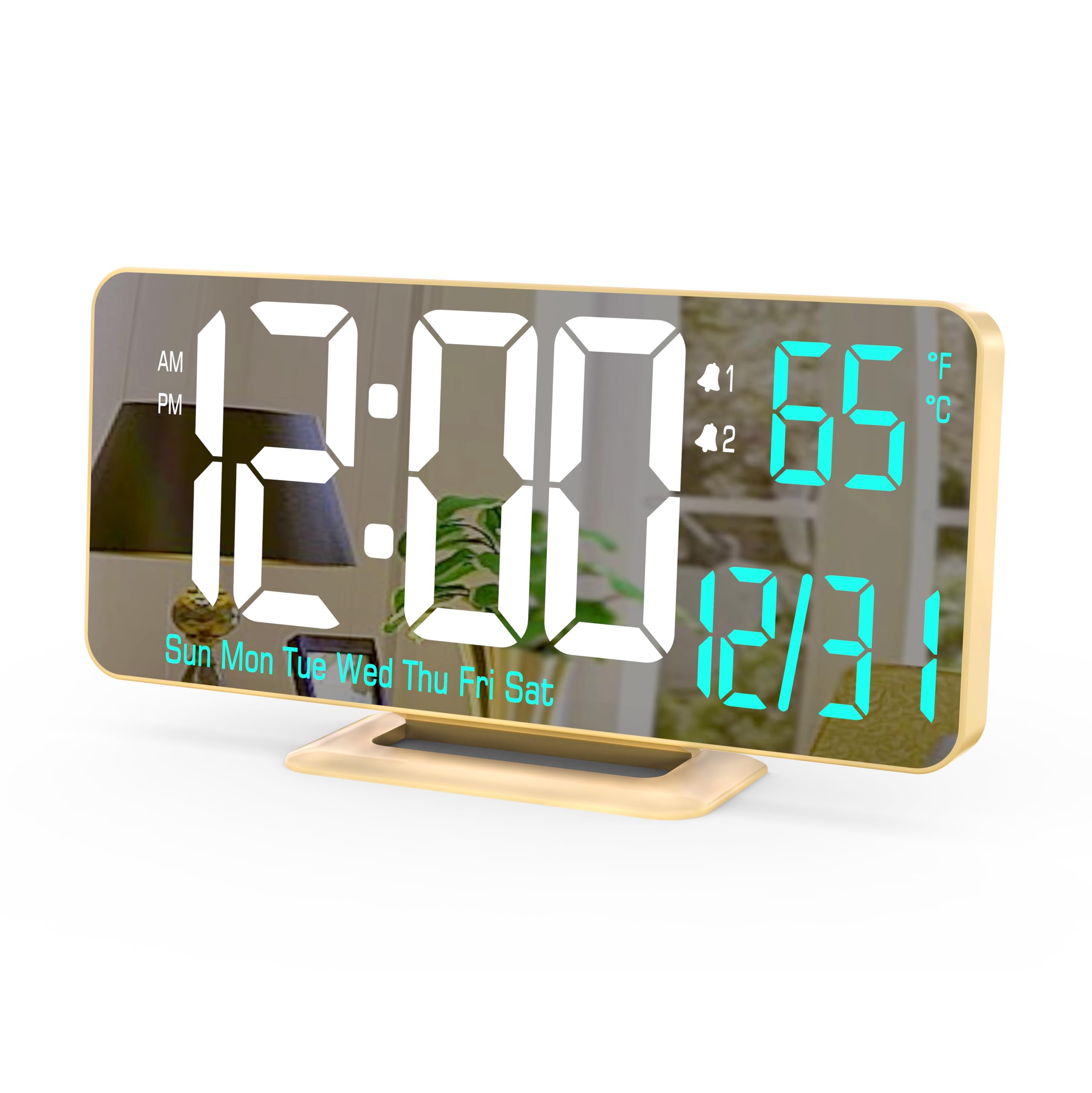 KOSUMOSU Dual Alarm Clock 6.7in Gold Desk Clock with Dimming, 12/24h, Seconds, Date, Day of Week, Temp, Digital LED Clock for Be