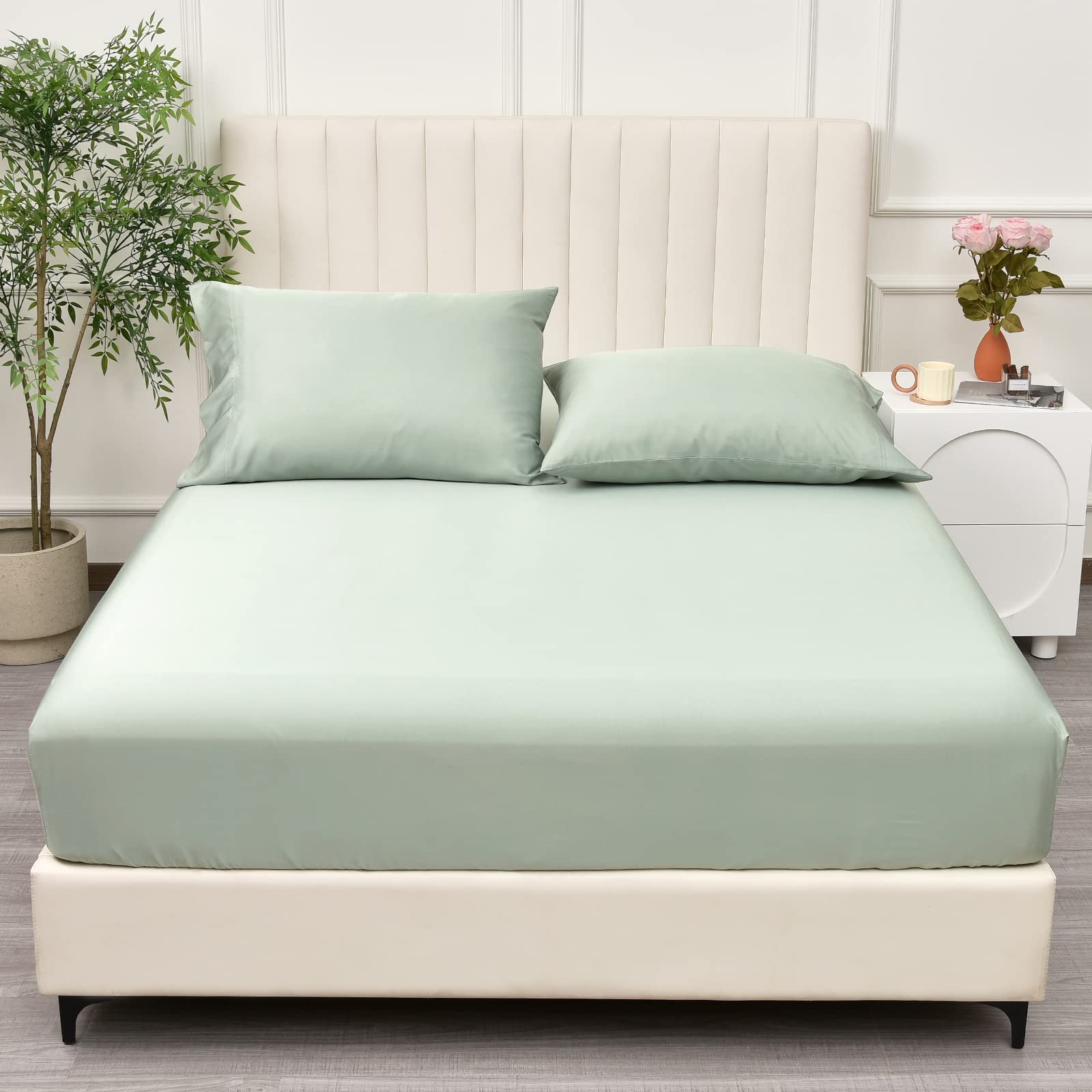 Phf Cooling Fitted Sheet Twin Size For Hot Sleeper,100% Rayon Derived From Bamboo_,16' Deep Pocket, 2.5Cm Wider Strong Elastic