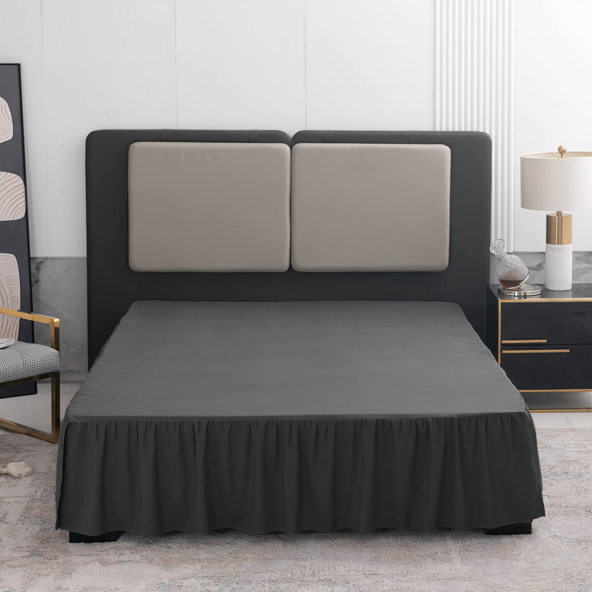 Black Bed Skirt Queen Size Ruffled Bed Skirt With Split Corners, Queen Bed Skirt 14 Inch Drop, Tsutomi Queen Size Bed Skirt Blac