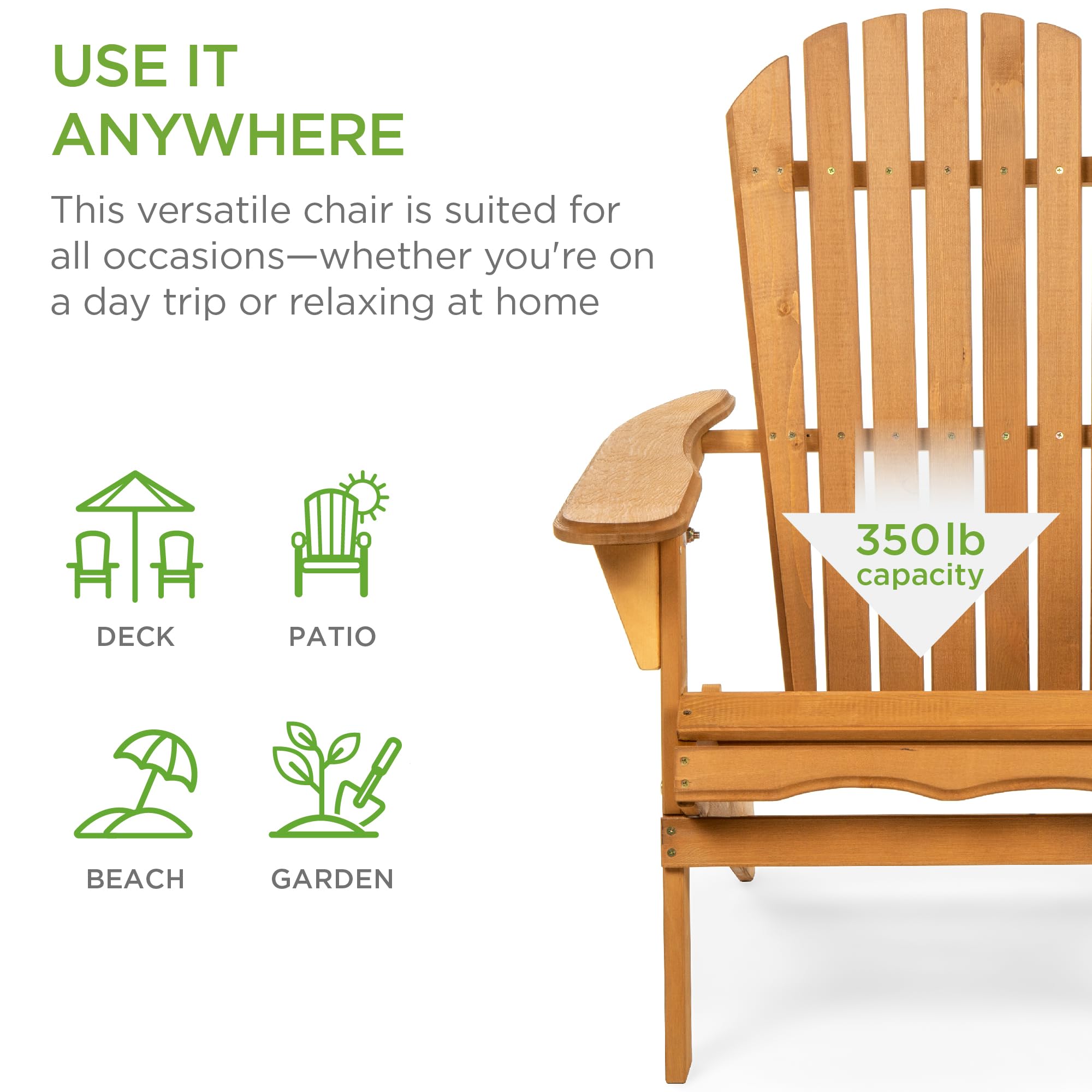 Best Choice Products Folding Adirondack Chair Outdoor Wooden Accent Furniture Fire Pit Lounge Chairs For Yard, Garden, Patio W/ 350Lb Weight Capacity - Natural