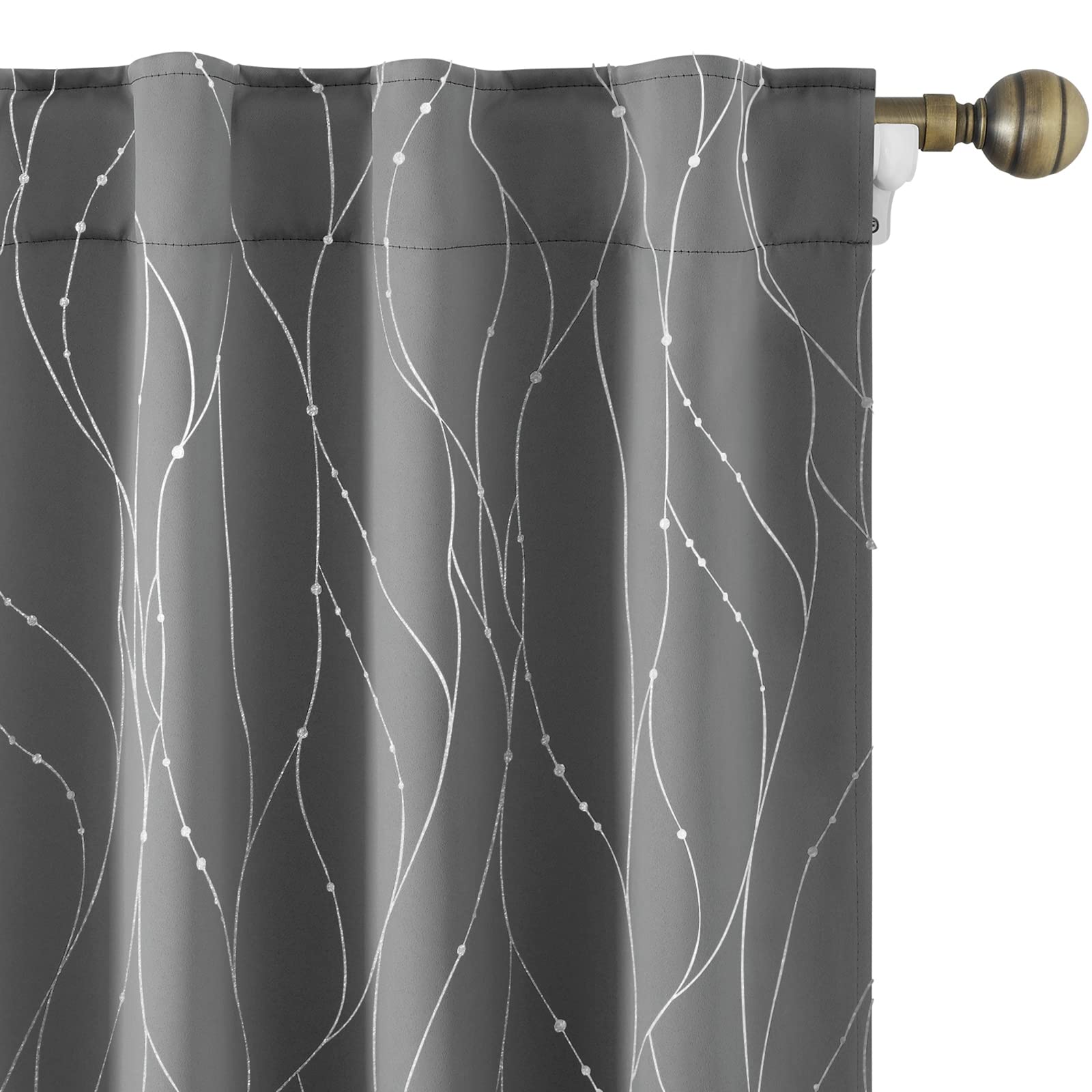 Homeideas Light Grey Blackout Curtains, 52 X 84 Inches Long Silver Wave Line With Dots Printed, Back Tab Room Darkening Gray Poc