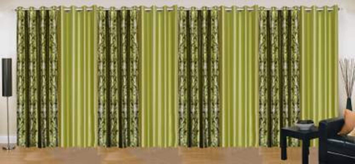 Kiara Creations Combination Polyester Curtains (4 Plain + 4 Printed) for Long Door 9 Feet (Pack of 8) Green