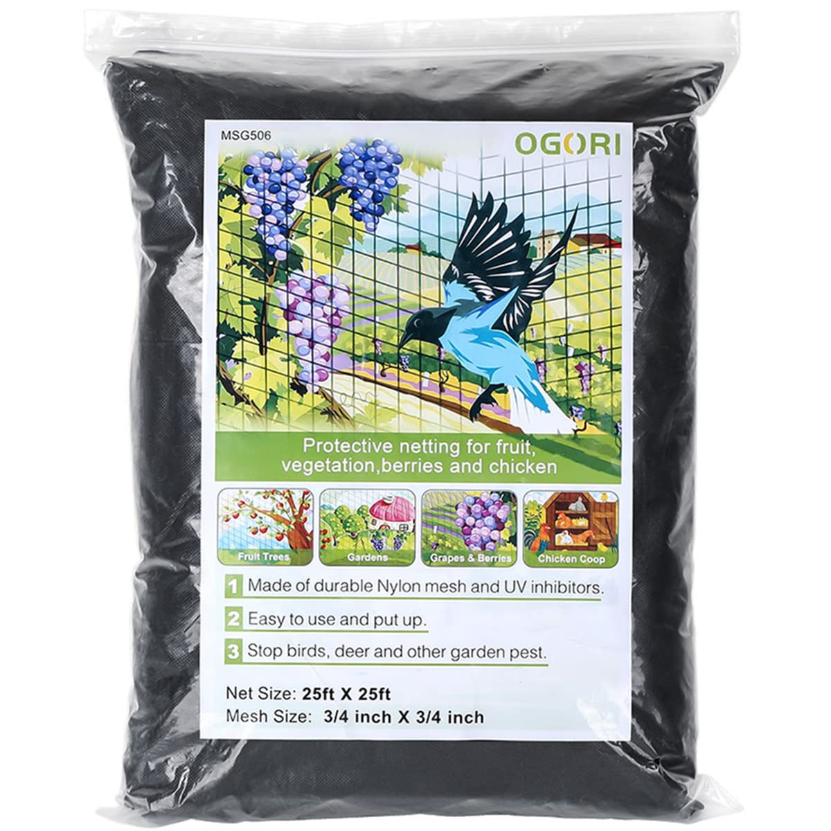 Ogori 25' X 25' Bird Netting Heavy Duty Nylon 3/4' Mesh Garden Netting Protect Fruit Trees, Plants And Vegetables