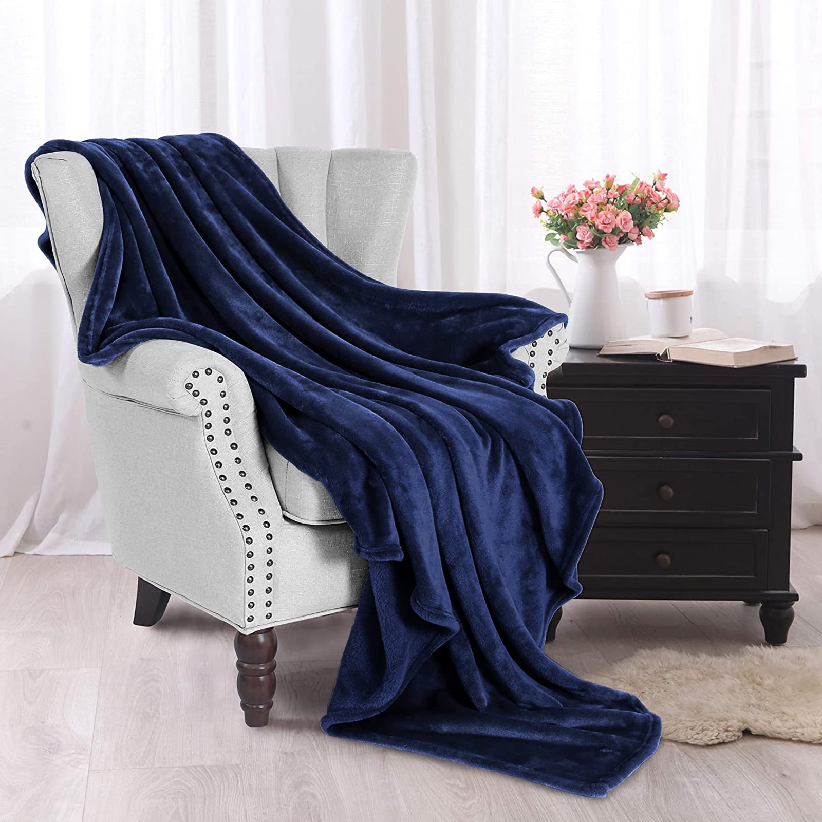 Exclusivo Mezcla Fleece Throw Blanket For Couch, Sofa, Super Soft And Warm Blankets Navy Blue Throw For Fall And Winter, Cozy, P