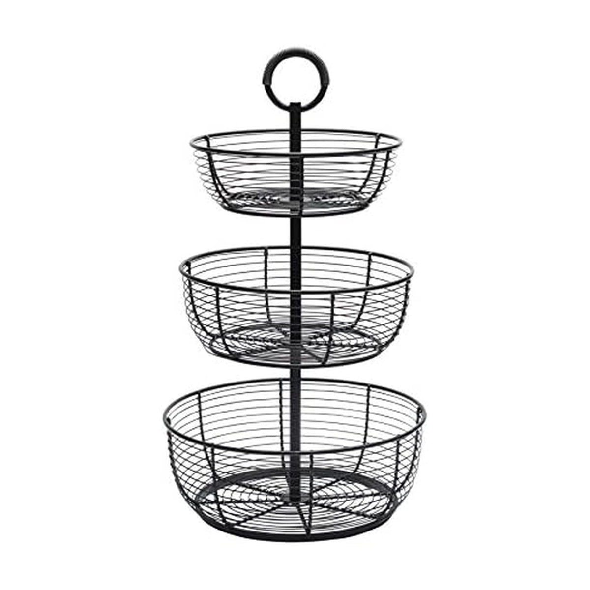 Gourmet Basics by Mikasa Round Wrap 3Tier Metal Floor Standing Fruit/Home Storage Basket, Easy Assembly, Antique Black