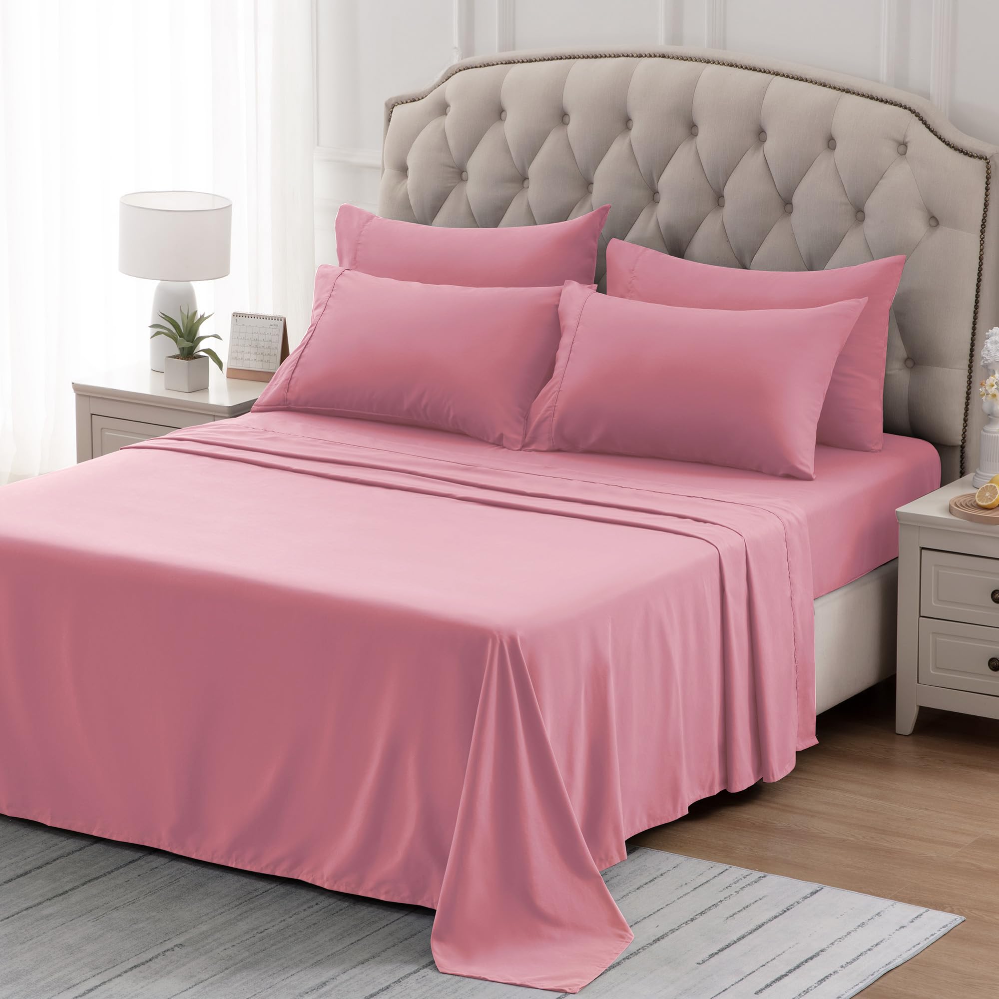 Sleep Zone Nanotex Super Soft Cooling King Bed Sheets Set 4 Piece - Easy Care Fitted Flat Sheet & Pillowcase Sets - Wrinkle Free, Fade Resistant, Deep Pocket 16' (Ballet Pink, King)