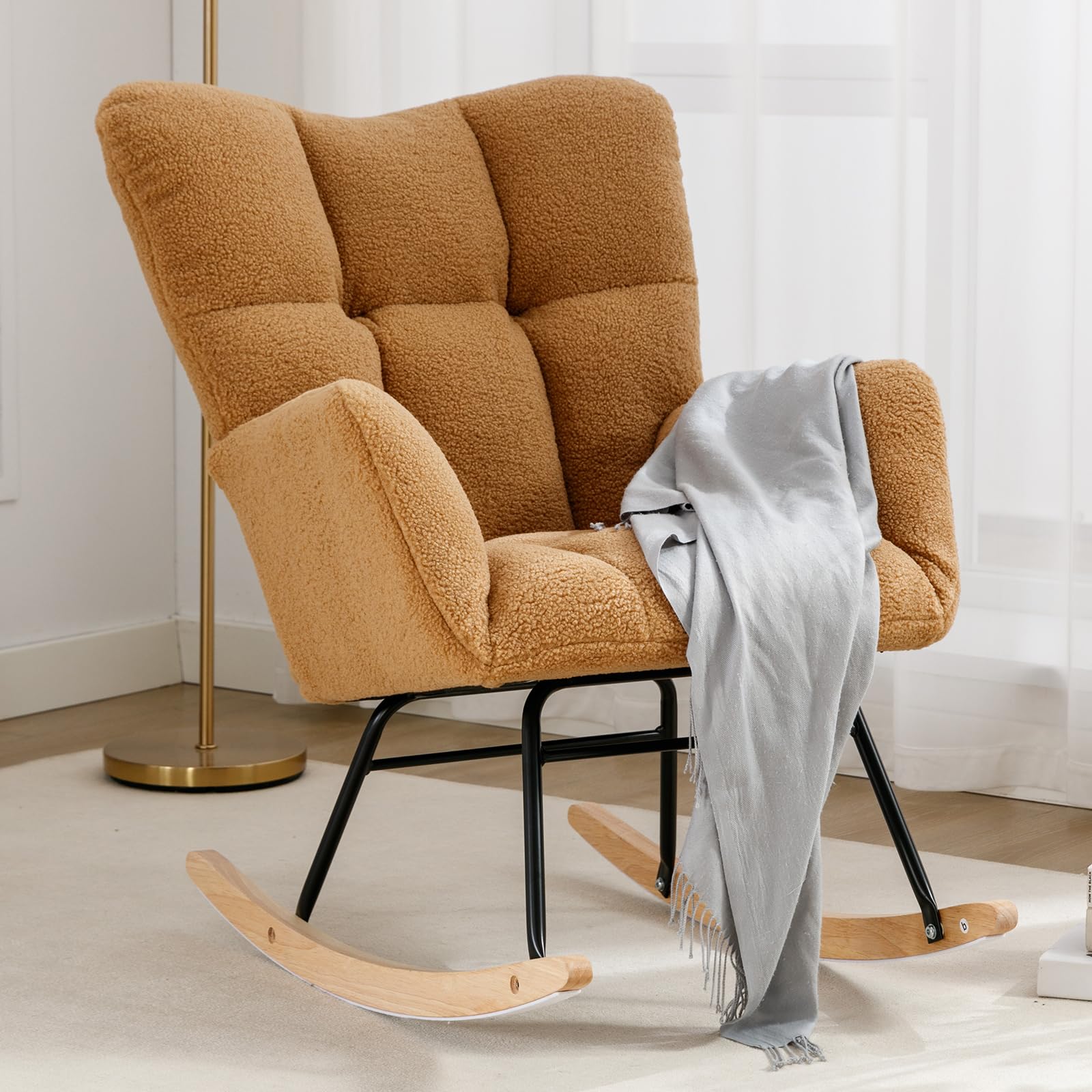 NIOIIKIT Nursery Rocking Chair Teddy Upholstered Glider Rocker Rocking Accent Chair Padded Seat with High Backrest Armchair Comf