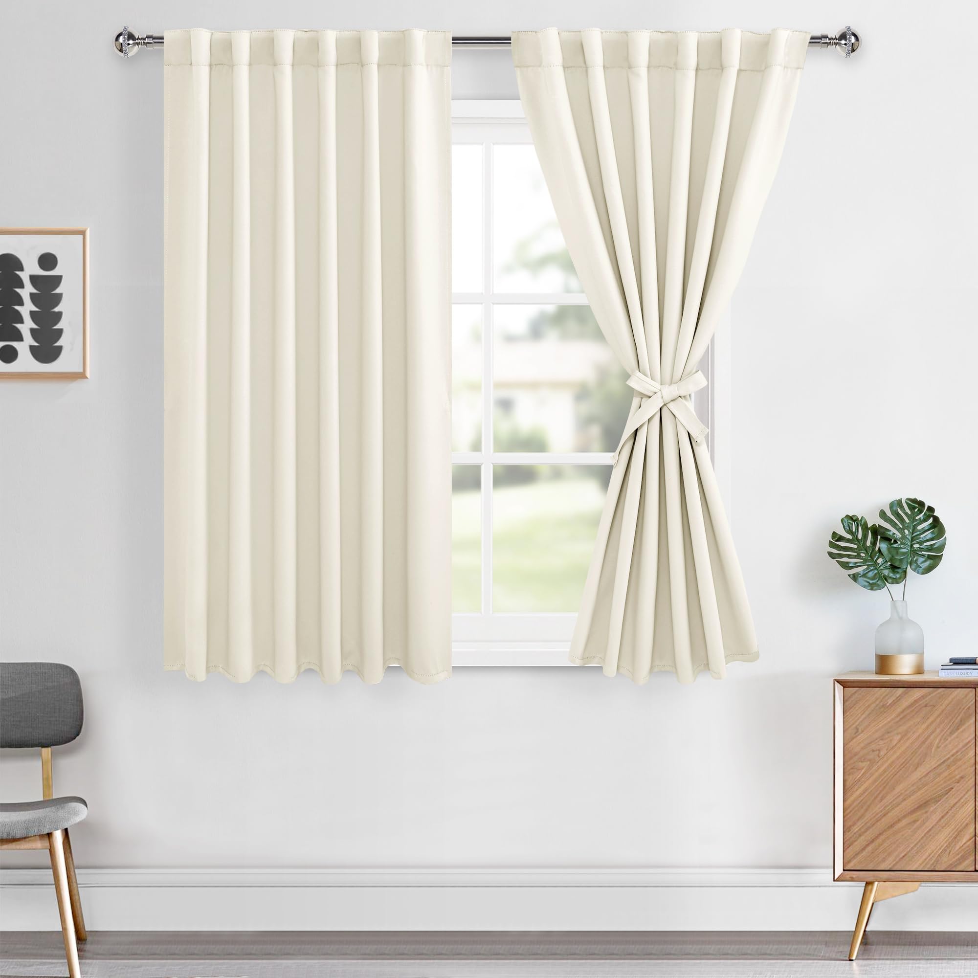 Hiasan Room Darkening Ivory Curtains 54 inches Long, Light Blocking Thermal Insulated Rod Pocket & Back Tab Drapes Sewn with Tie